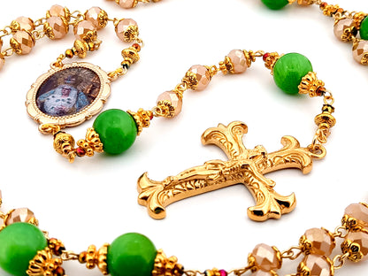 Virgin of hope of Macarena unique rosary beads glass and agate gemstone rosary beads with gold fan crucifix.