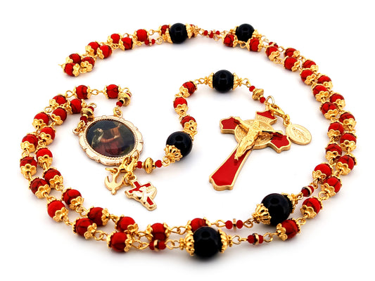 Saint Mary Magdalene unique rosary beads howlite and onyx gemstone rosary with Saint Benedict crucifix.