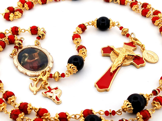Saint Mary Magdalene unique rosary beads howlite and onyx gemstone rosary with Saint Benedict crucifix.