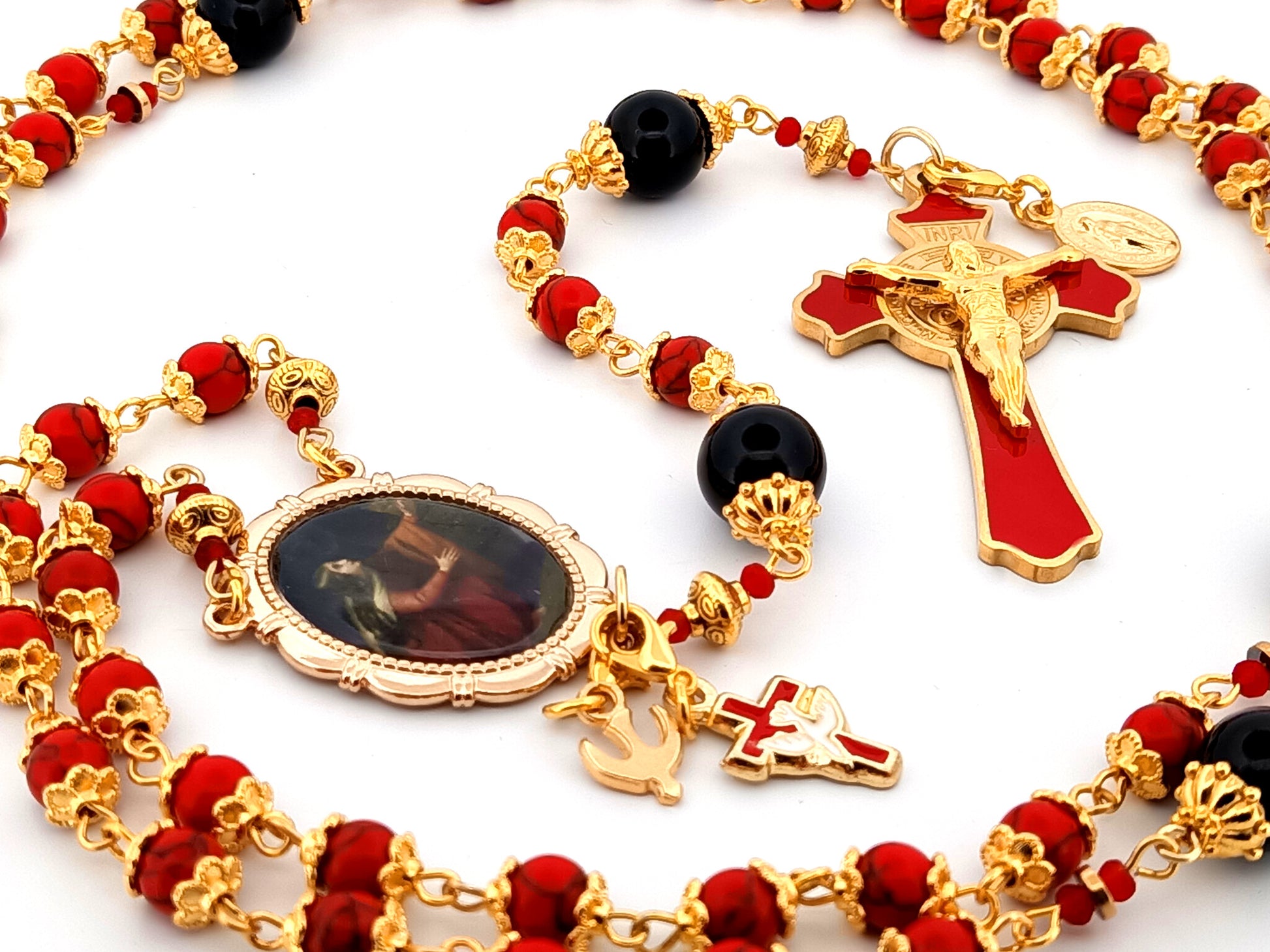 Saint Mary Magdalene unique rosary beads howlite and onyx gemstone rosary with Saint Benedict crucifix.