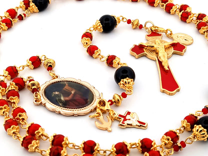 Saint Mary Magdalene unique rosary beads howlite and onyx gemstone rosary with Saint Benedict crucifix.