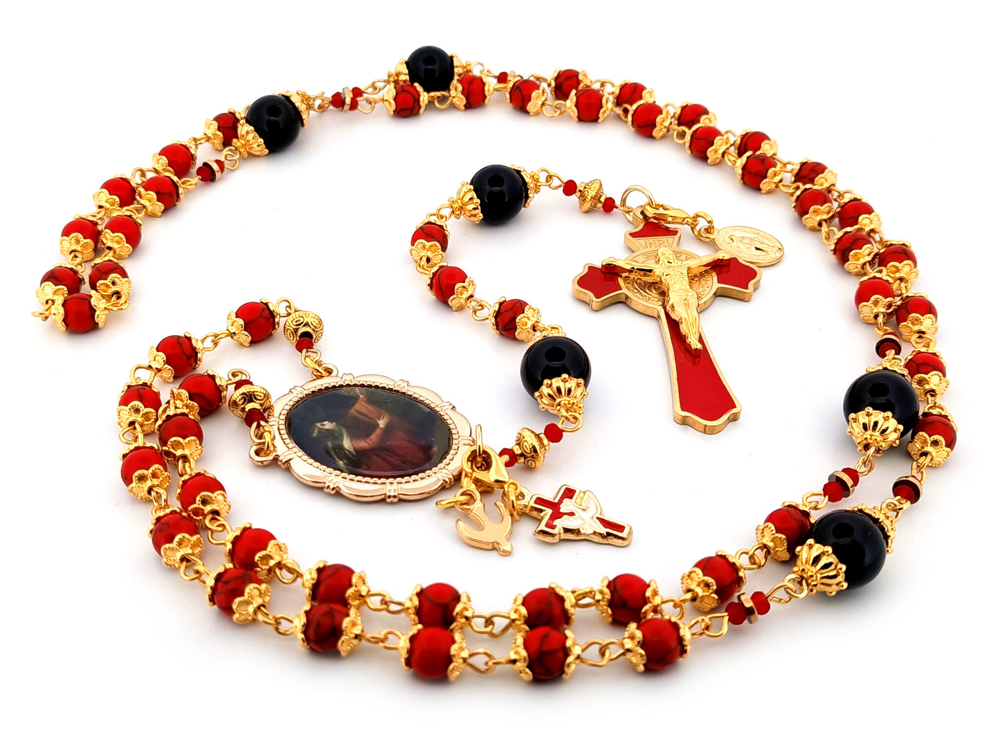 Saint Mary Magdalene unique rosary beads howlite and onyx gemstone rosary with Saint Benedict crucifix.