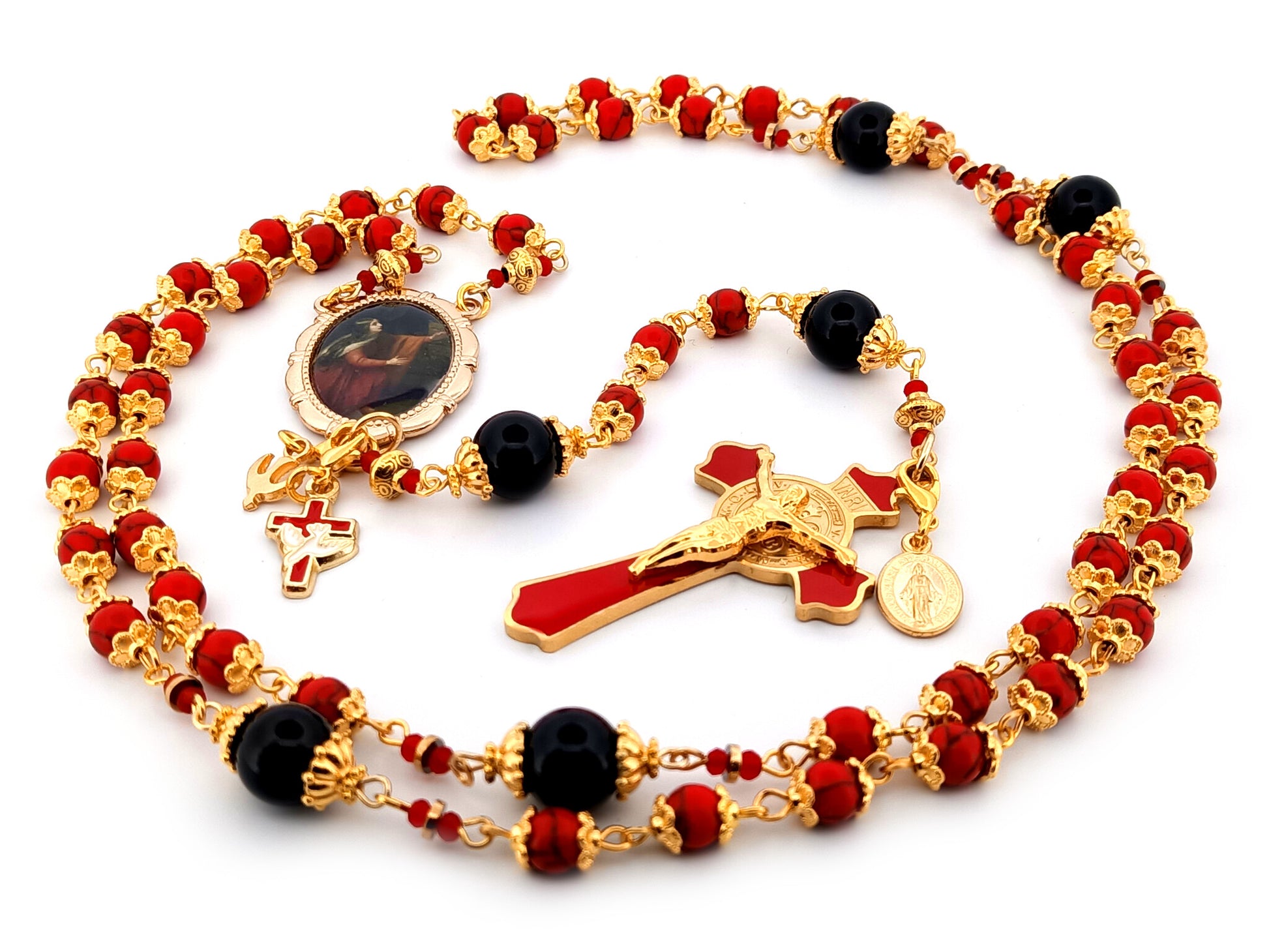 Saint Mary Magdalene unique rosary beads howlite and onyx gemstone rosary with Saint Benedict crucifix.