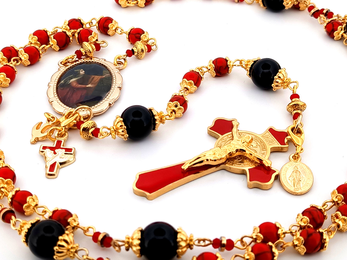 Saint Mary Magdalene unique rosary beads howlite and onyx gemstone rosary with Saint Benedict crucifix.