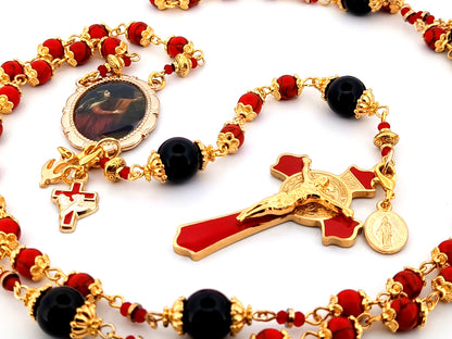 Saint Mary Magdalene unique rosary beads howlite and onyx gemstone rosary with Saint Benedict crucifix.
