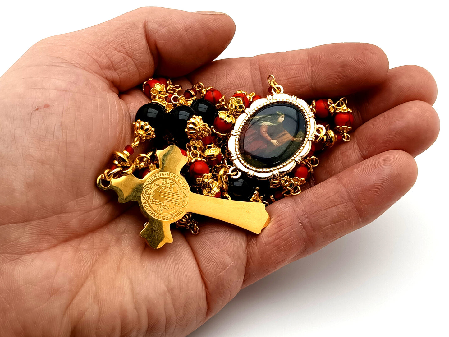 Saint Mary Magdalene unique rosary beads howlite and onyx gemstone rosary with Saint Benedict crucifix.