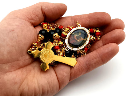 Saint Mary Magdalene unique rosary beads howlite and onyx gemstone rosary with Saint Benedict crucifix.