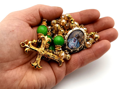 Virgin of hope of Macarena unique rosary beads glass and agate gemstone rosary beads with gold fan crucifix.