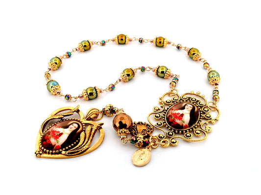 Saint Therese unique rosary beads hematite single decade rosary with large Saint Therese picture medal.