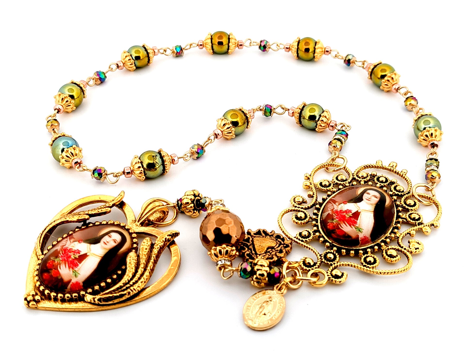 Saint Therese unique rosary beads hematite single decade rosary with large Saint Therese picture medal.