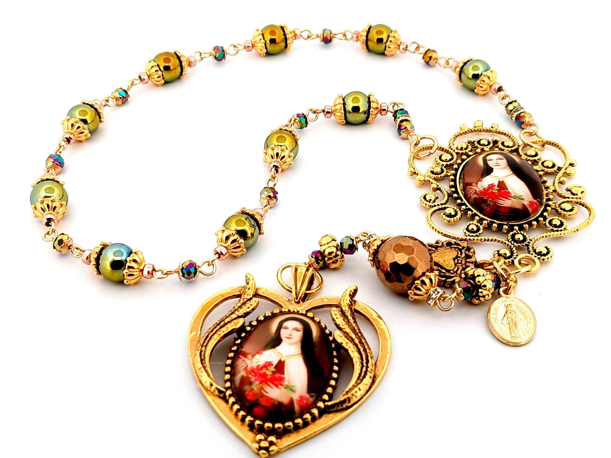 Saint Therese unique rosary beads hematite single decade rosary with large Saint Therese picture medal.