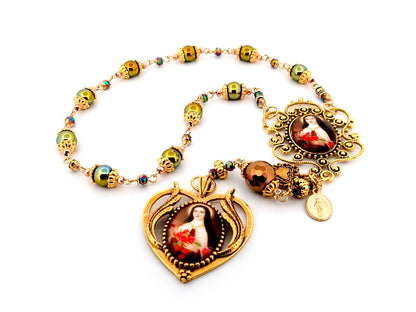 Saint Therese unique rosary beads hematite single decade rosary with large Saint Therese picture medal.