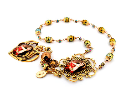 Saint Therese unique rosary beads hematite single decade rosary with large Saint Therese picture medal.