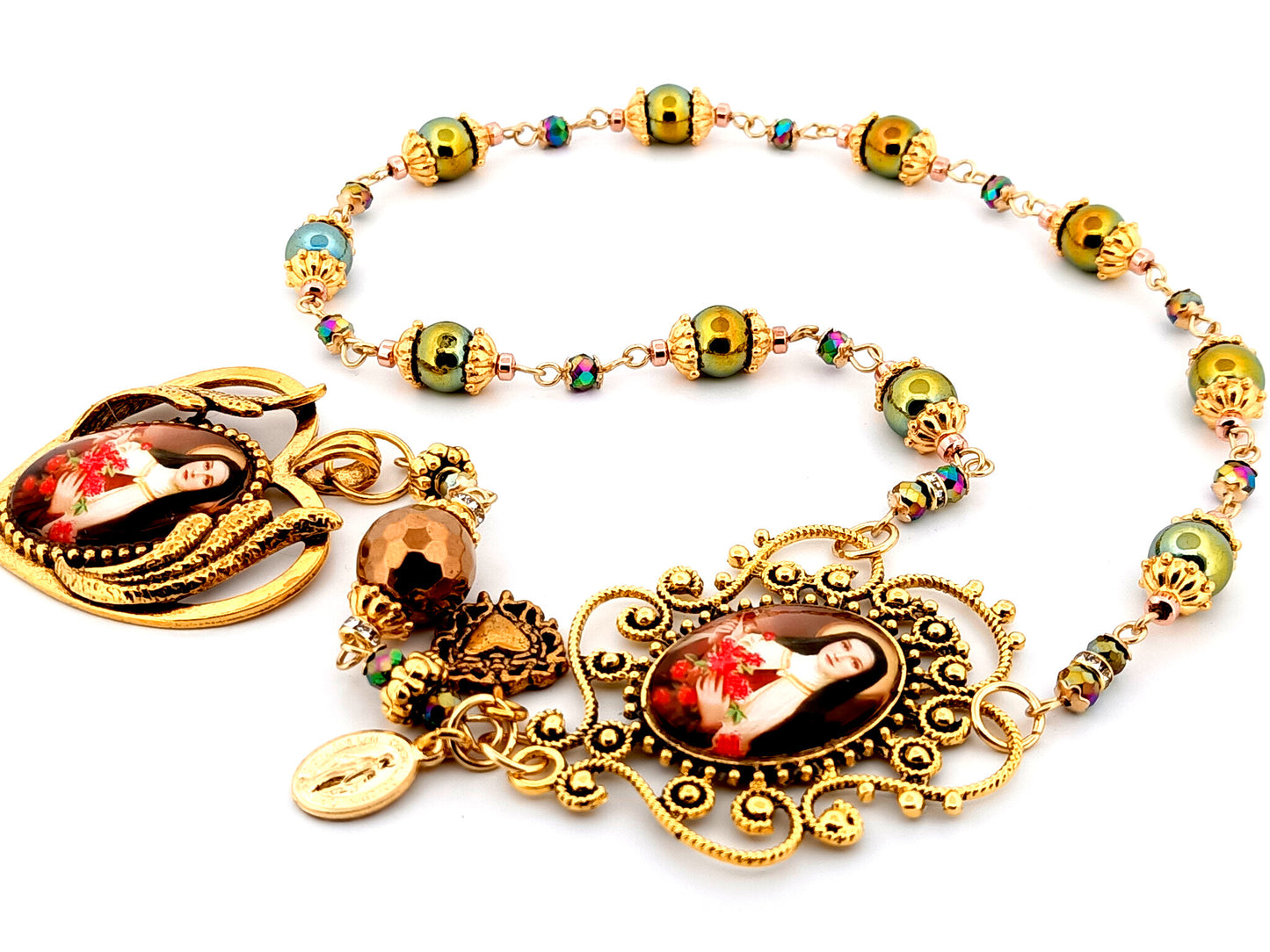 Saint Therese unique rosary beads hematite single decade rosary with large Saint Therese picture medal.