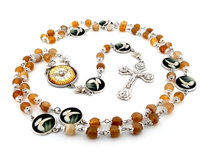 Holy Spirit faceted agate gemstone unique rosary beads prayer chaplet with four Basilica crucifix.