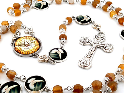 Holy Spirit faceted agate gemstone unique rosary beads prayer chaplet with four Basilica crucifix.