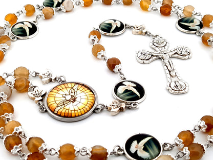 Holy Spirit faceted agate gemstone unique rosary beads prayer chaplet with four Basilica crucifix.