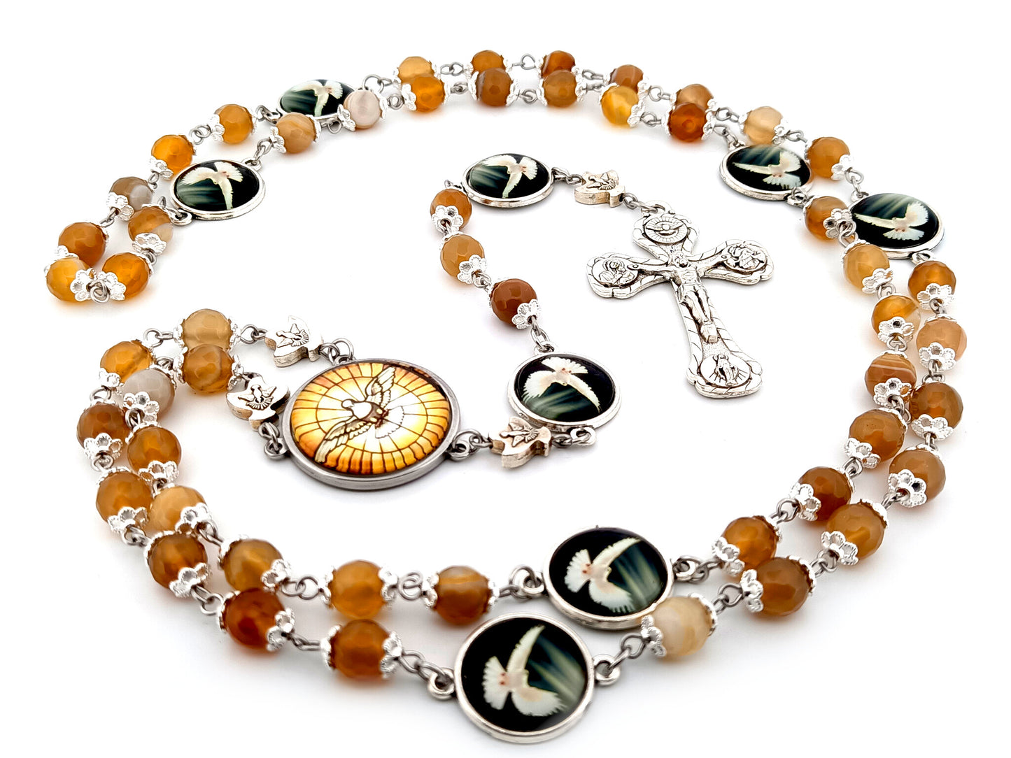 Holy Spirit faceted agate gemstone unique rosary beads prayer chaplet with four Basilica crucifix.