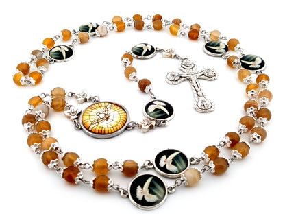Holy Spirit faceted agate gemstone unique rosary beads prayer chaplet with four Basilica crucifix.