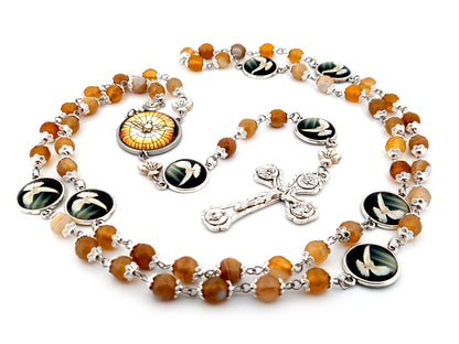 Holy Spirit faceted agate gemstone unique rosary beads prayer chaplet with four Basilica crucifix.