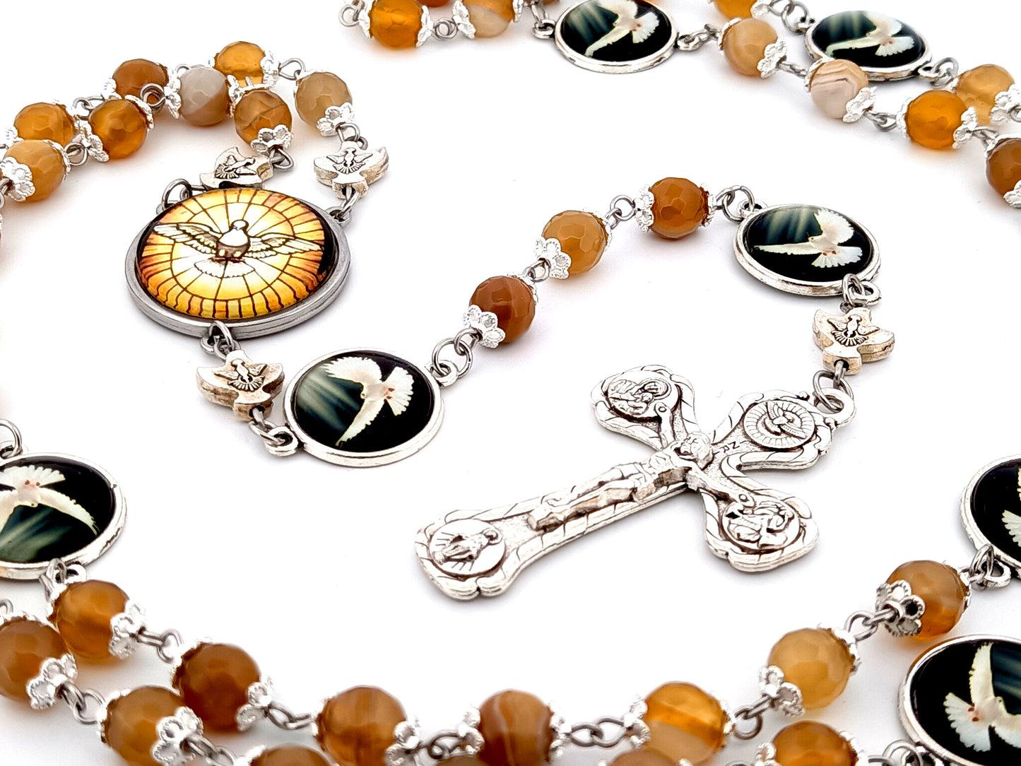Holy Spirit faceted agate gemstone unique rosary beads prayer chaplet with four Basilica crucifix.