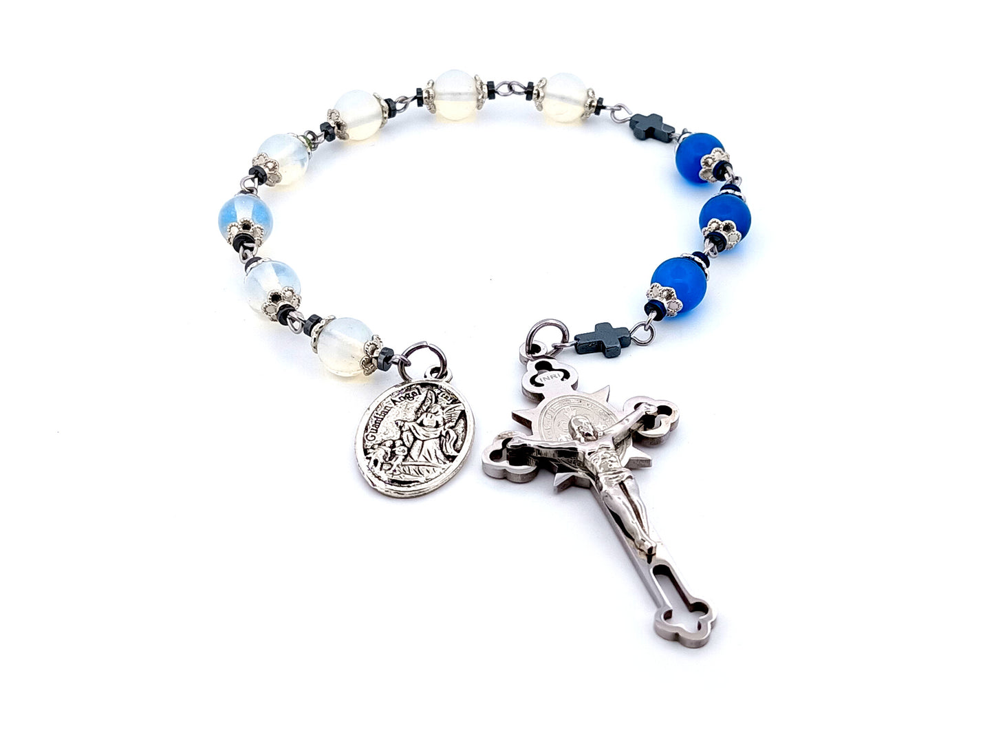 Guardian Angel opal gemstone unique rosary beads prayer chaplet with stainless steel Saint Benedict crucifix.