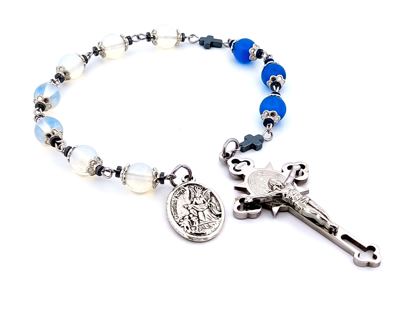 Guardian Angel opal gemstone unique rosary beads prayer chaplet with stainless steel Saint Benedict crucifix.