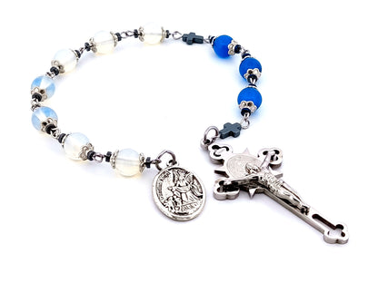 Guardian Angel opal gemstone unique rosary beads prayer chaplet with stainless steel Saint Benedict crucifix.