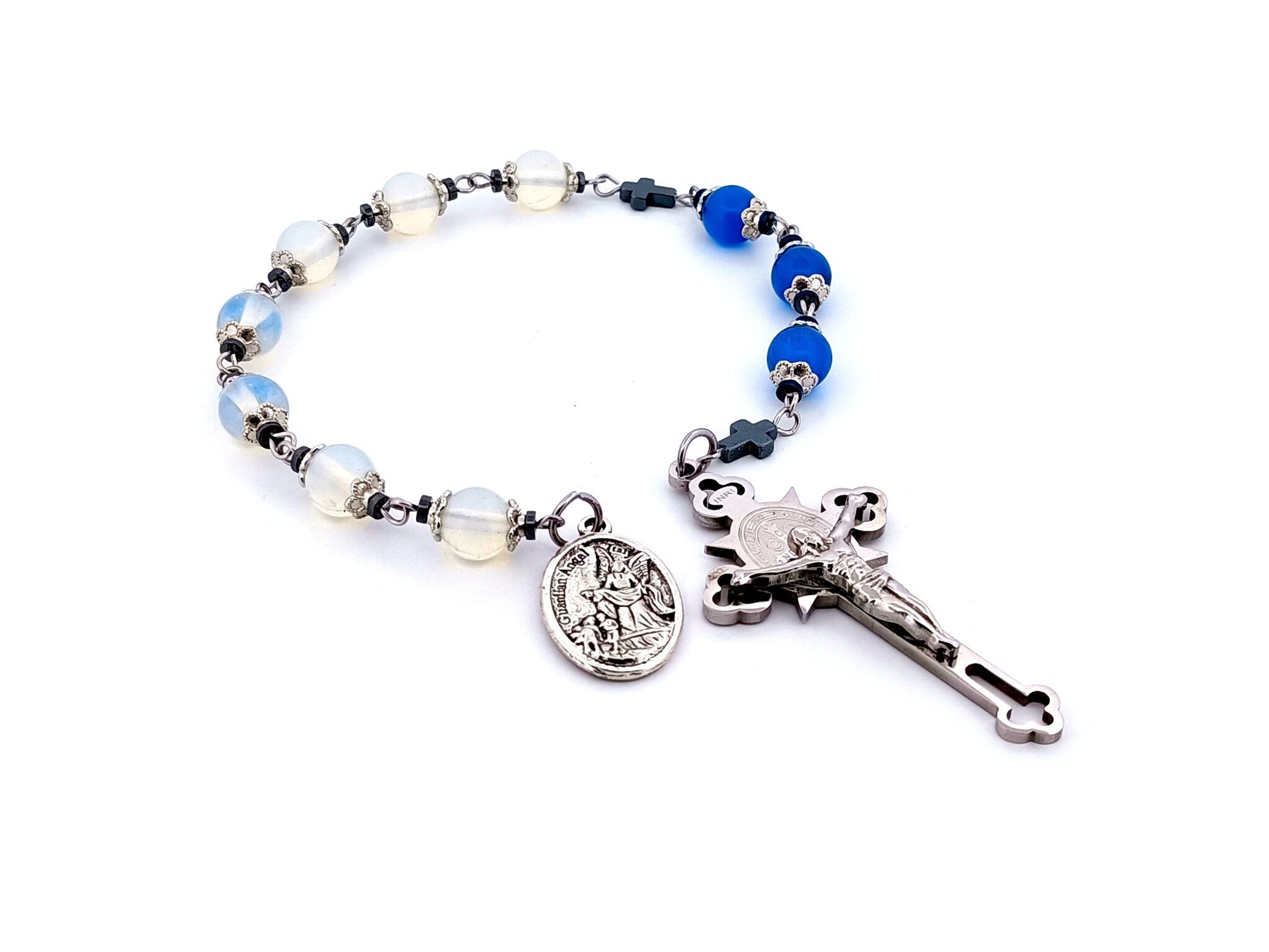 Guardian Angel opal gemstone unique rosary beads prayer chaplet with stainless steel Saint Benedict crucifix.
