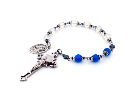 Guardian Angel opal gemstone unique rosary beads prayer chaplet with stainless steel Saint Benedict crucifix.