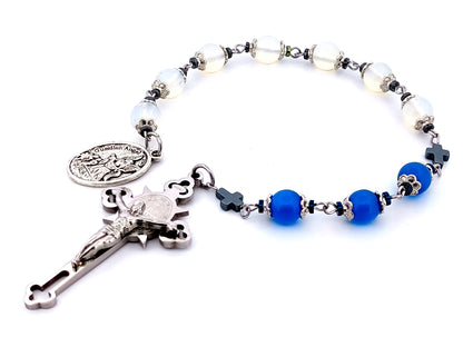 Guardian Angel opal gemstone unique rosary beads prayer chaplet with stainless steel Saint Benedict crucifix.