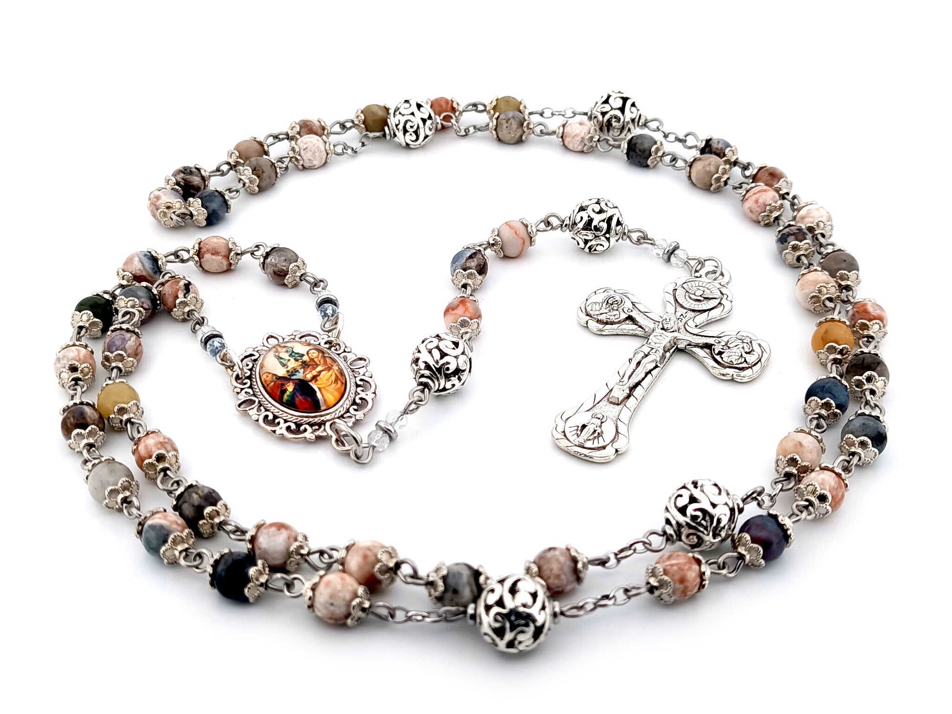 Saint Anne and Joachim rhodonite gemstone  unique rosary beads with four Basilicas crucifix.