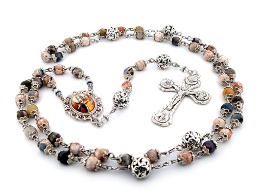 Saint Anne and Joachim rhodonite gemstone  unique rosary beads with four Basilicas crucifix.