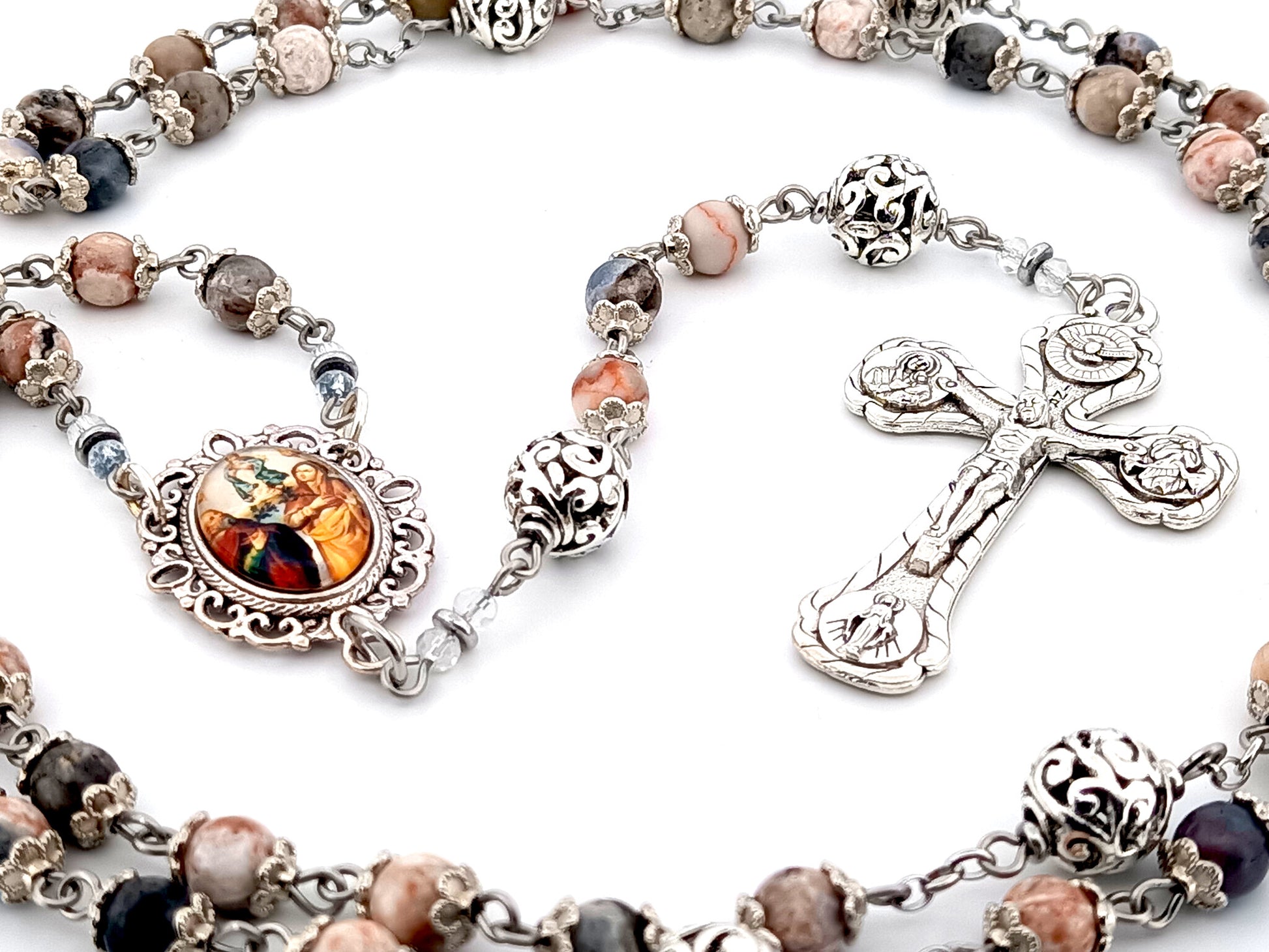 Saint Anne and Joachim rhodonite gemstone  unique rosary beads with four Basilicas crucifix.
