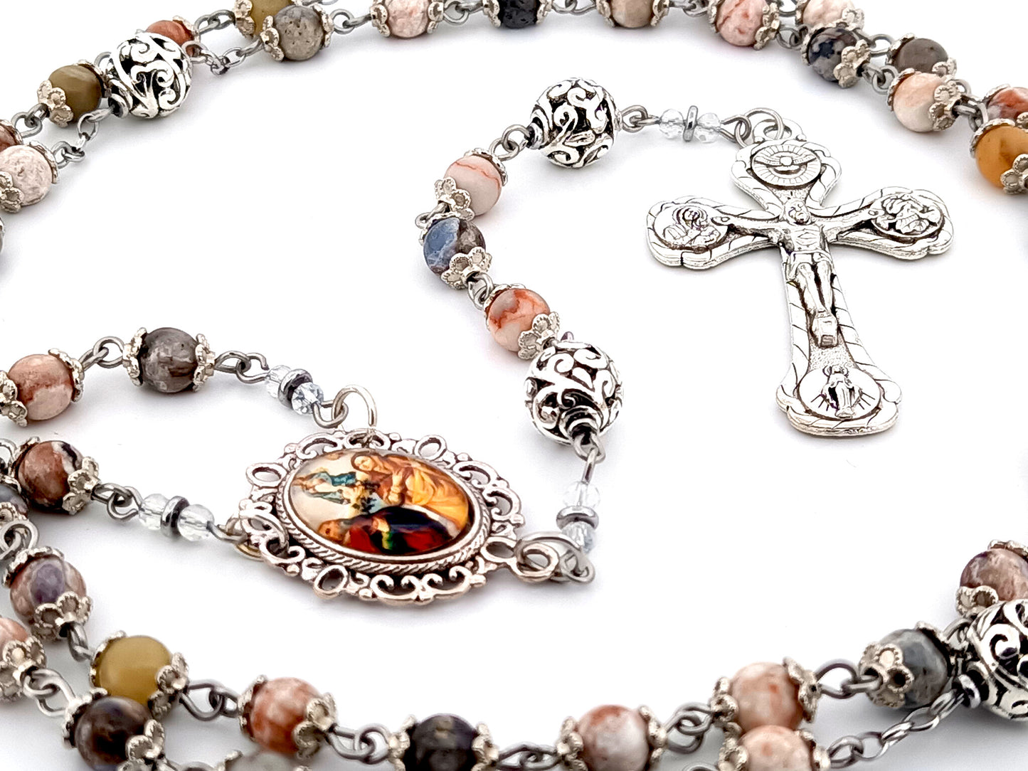 Saint Anne and Joachim rhodonite gemstone  unique rosary beads with four Basilicas crucifix.