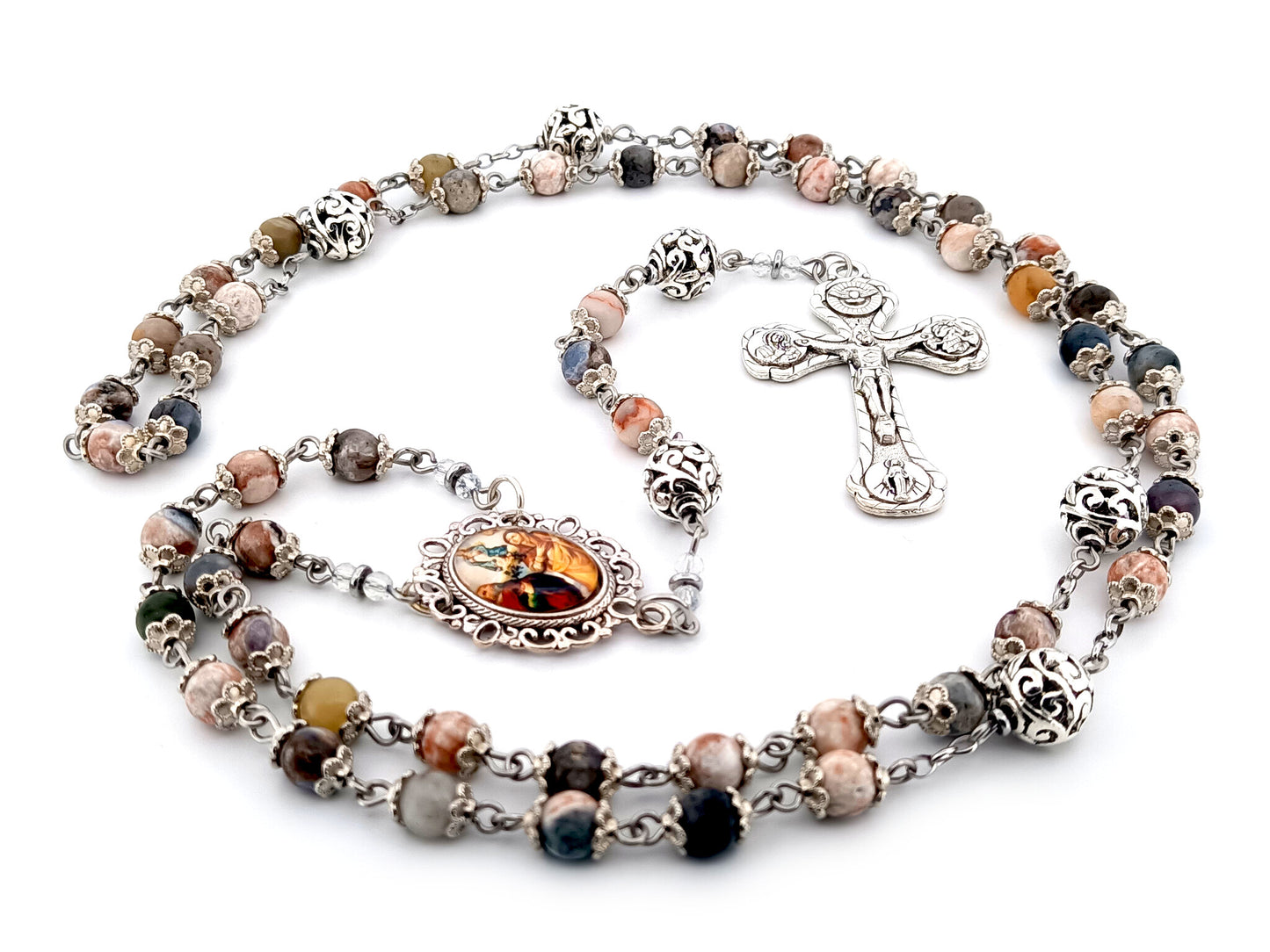 Saint Anne and Joachim rhodonite gemstone  unique rosary beads with four Basilicas crucifix.