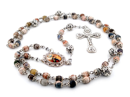 Saint Anne and Joachim rhodonite gemstone  unique rosary beads with four Basilicas crucifix.