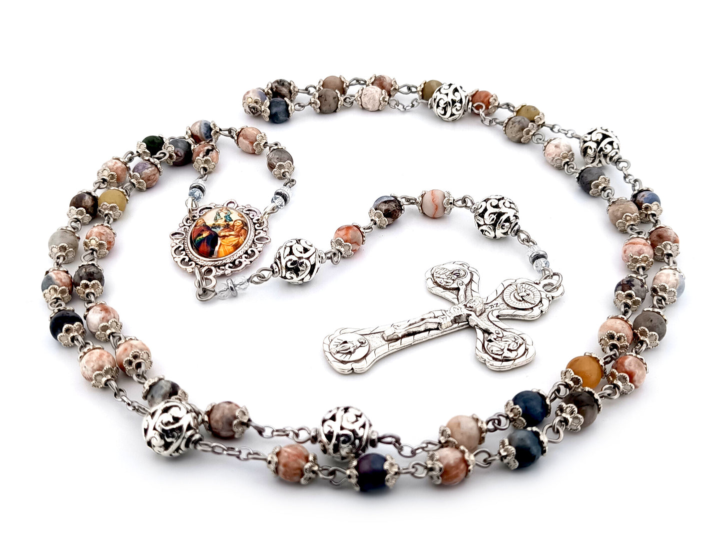 Saint Anne and Joachim rhodonite gemstone  unique rosary beads with four Basilicas crucifix.