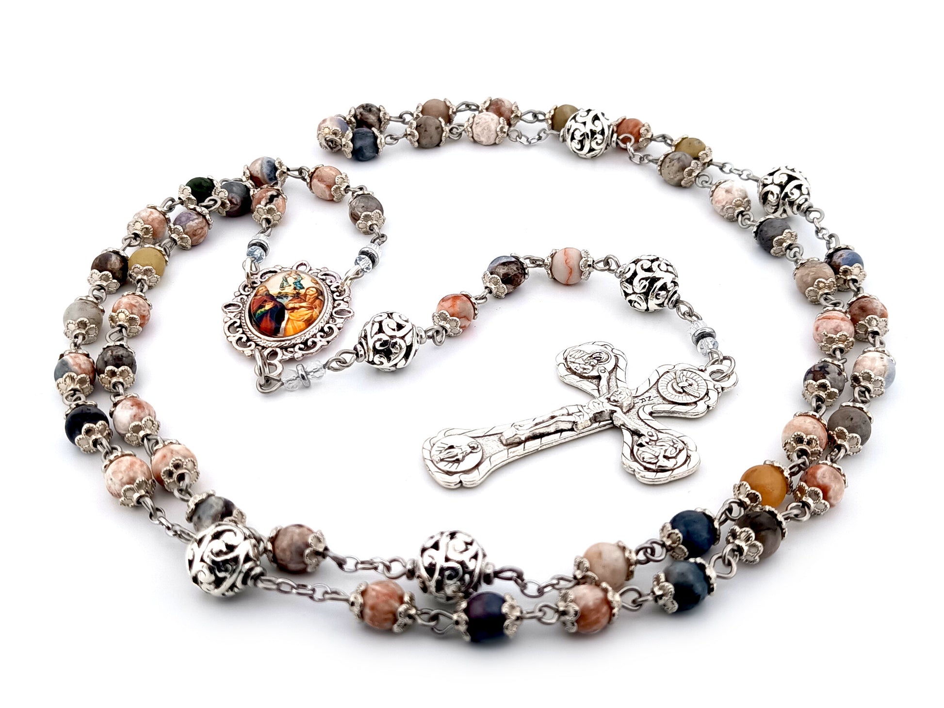 Saint Anne and Joachim rhodonite gemstone  unique rosary beads with four Basilicas crucifix.