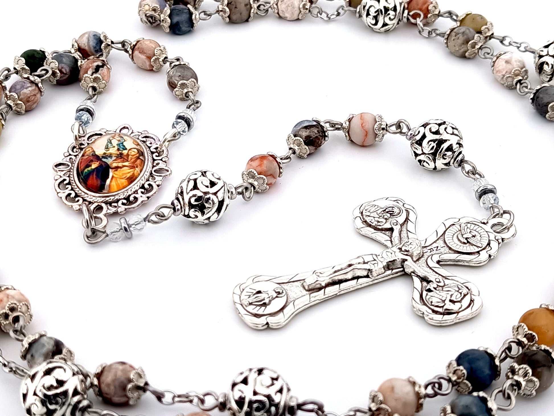 Saint Anne and Joachim rhodonite gemstone  unique rosary beads with four Basilicas crucifix.