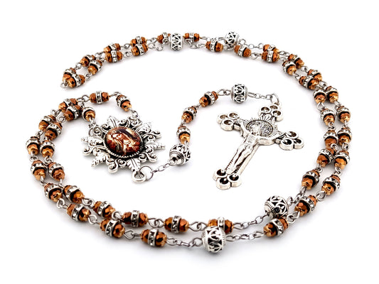 Our Lady Queen of Heaven copper glass and crystal unique rosary beads with Saint Benedict crucifix.