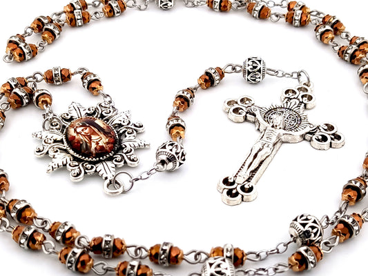 Our Lady Queen of Heaven copper glass and crystal unique rosary beads with Saint Benedict crucifix.