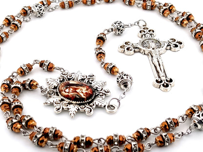 Our Lady Queen of Heaven copper glass and crystal unique rosary beads with Saint Benedict crucifix.
