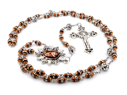 Our Lady Queen of Heaven copper glass and crystal unique rosary beads with Saint Benedict crucifix.