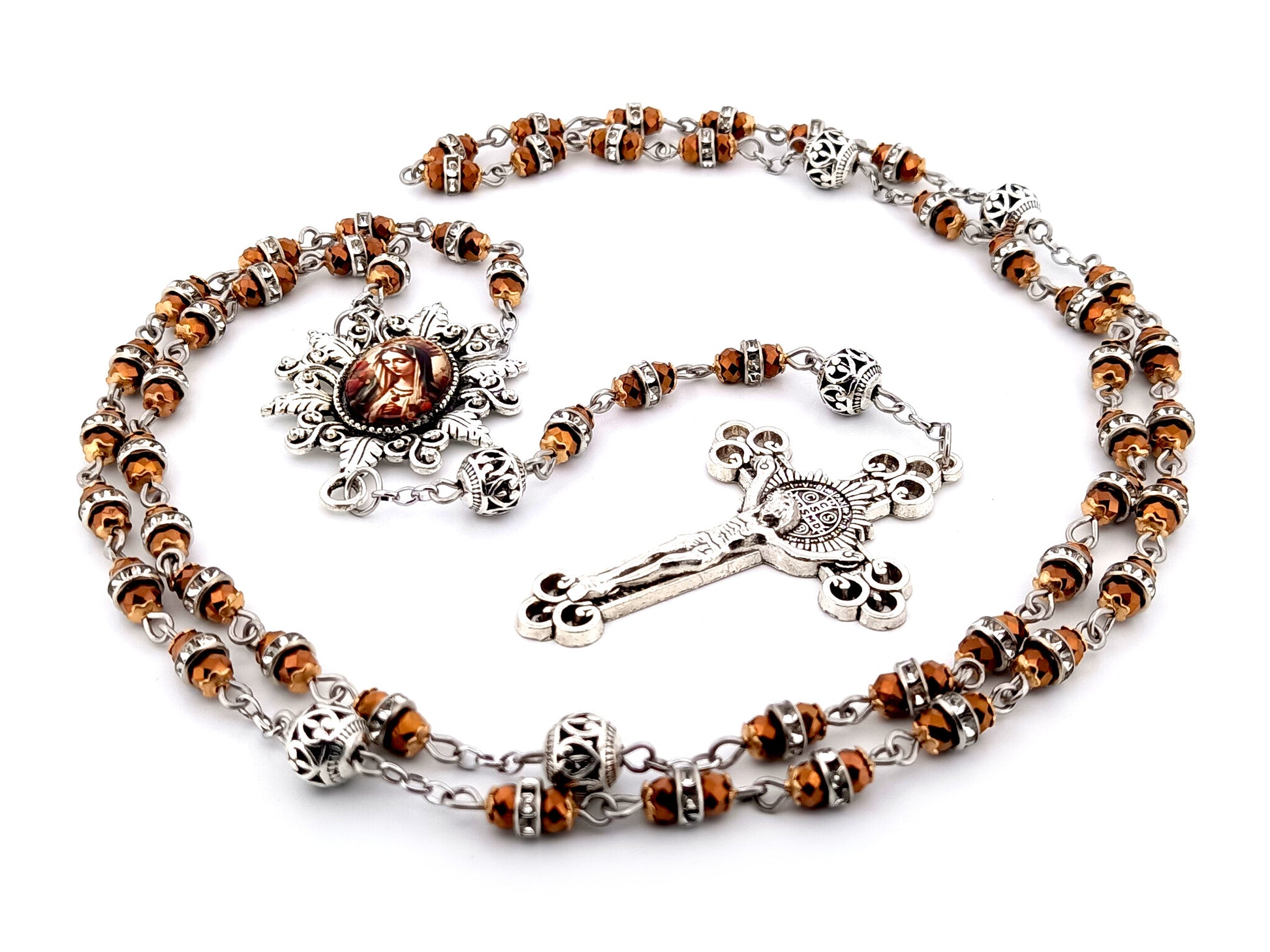 Our Lady Queen of Heaven copper glass and crystal unique rosary beads with Saint Benedict crucifix.