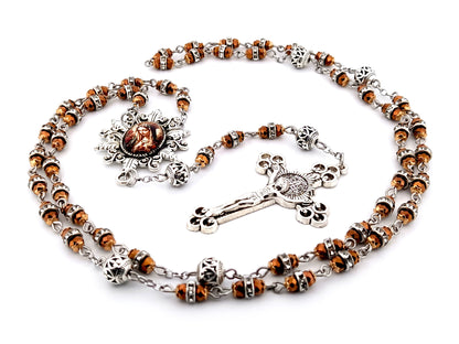 Our Lady Queen of Heaven copper glass and crystal unique rosary beads with Saint Benedict crucifix.