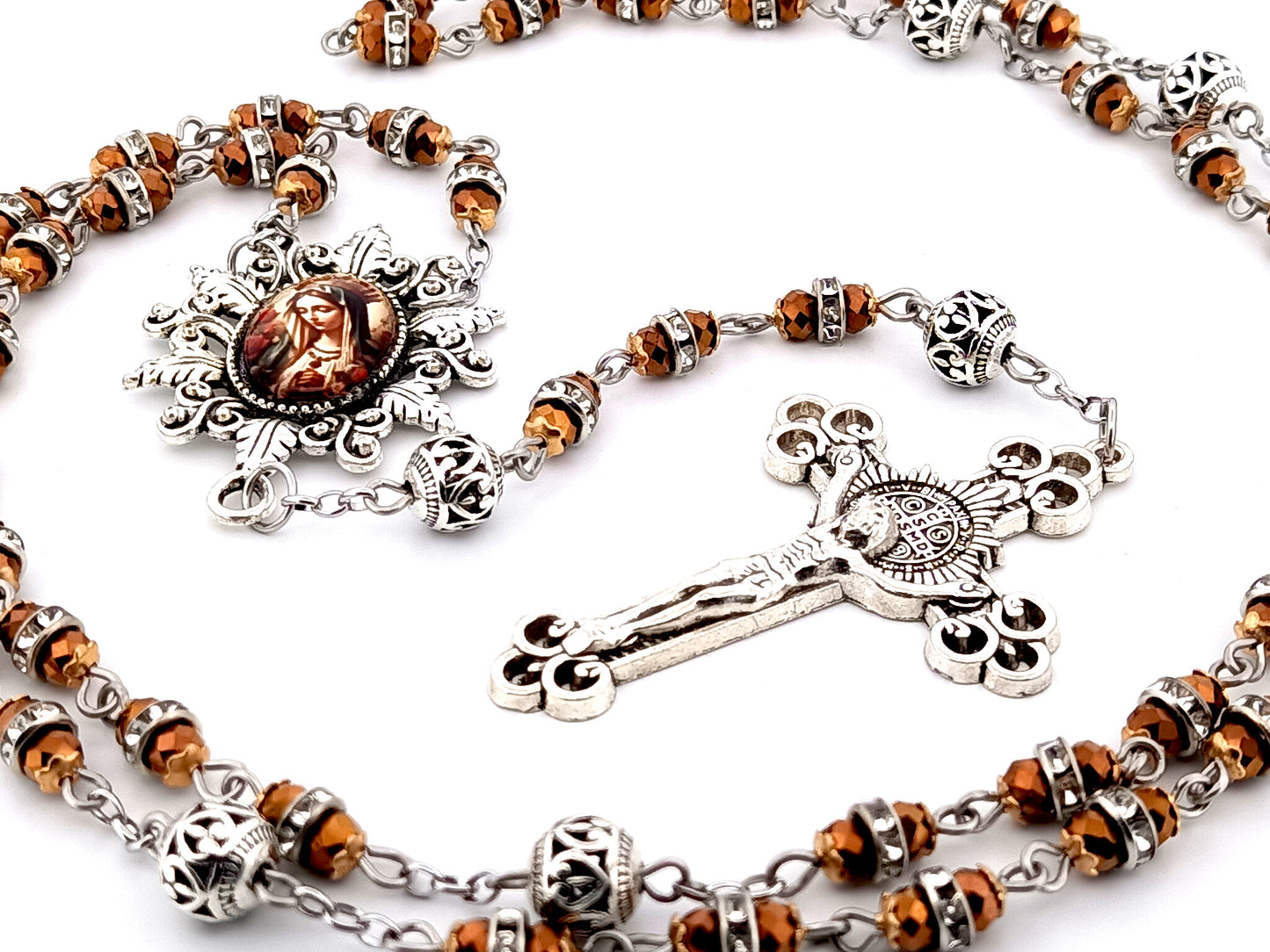Our Lady Queen of Heaven copper glass and crystal unique rosary beads with Saint Benedict crucifix.