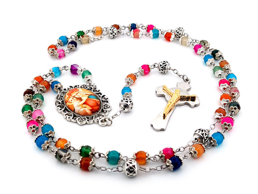 Our Lady of Perpetual Help natural striped agate gemstone unique rosary beads with stainless steel Saint Benedict crucifix.