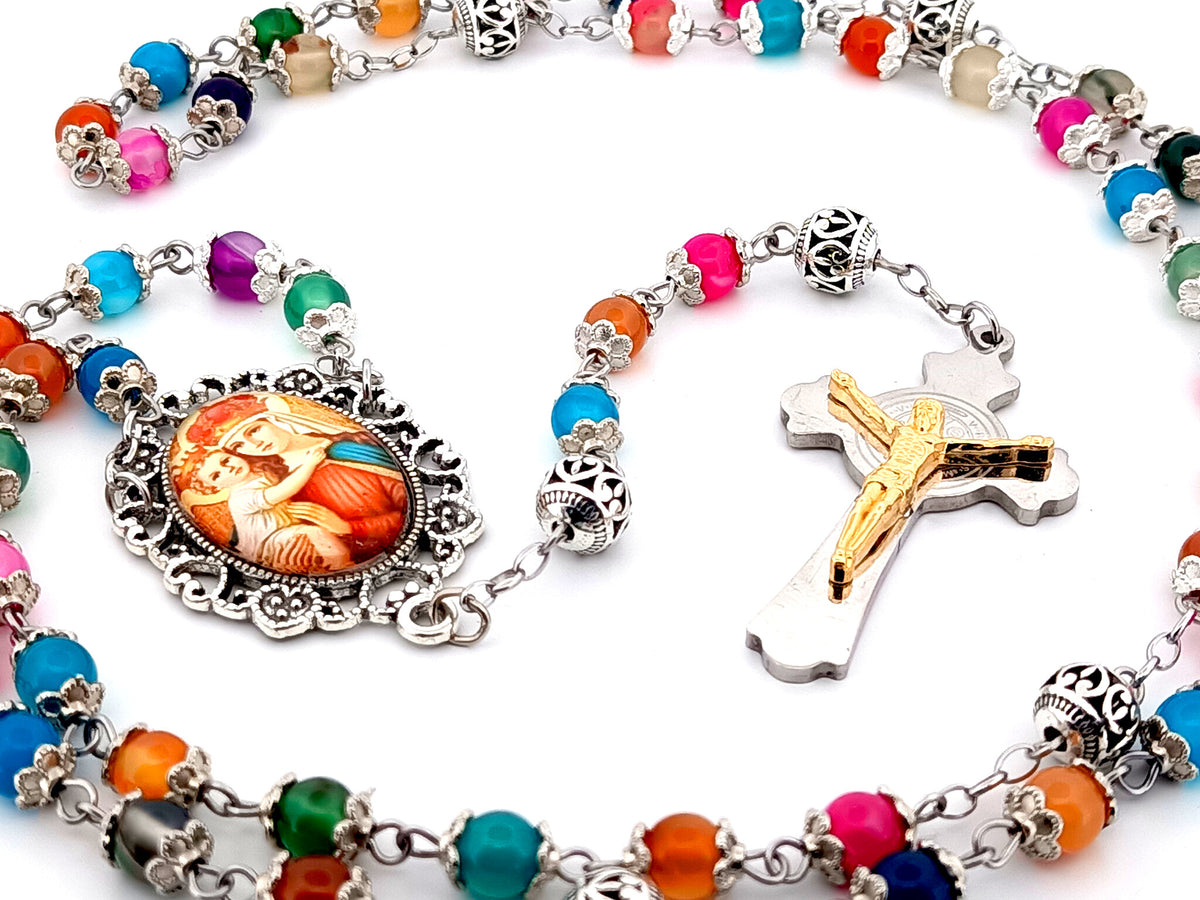 Our Lady of Perpetual Help natural striped agate gemstone unique rosary beads with stainless steel Saint Benedict crucifix.