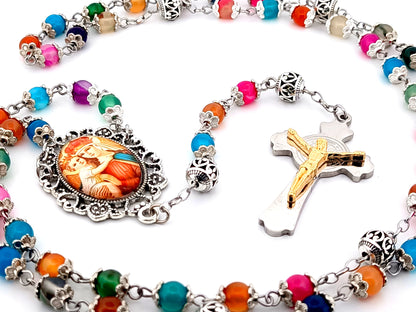Our Lady of Perpetual Help natural striped agate gemstone unique rosary beads with stainless steel Saint Benedict crucifix.